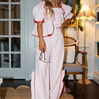 Cute Gingham Pajama Set Puff Short Sleeve Ruffle Hem Plaid Babydoll Top Side Split Wide Leg Pants Two Piece