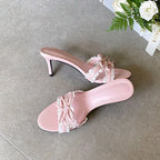 Butterfly Knot Heeled Slippers For Women Round Toe Slip On Sandals With Slim Heels