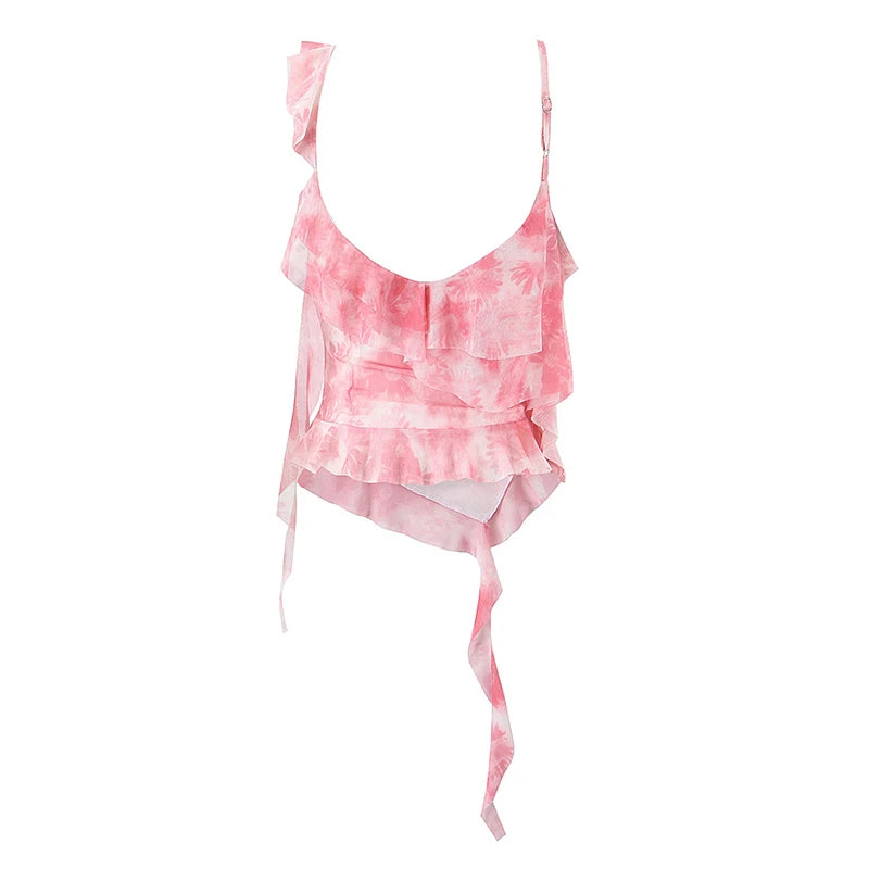 Vintage Print Asymmetrical Mesh Slim Backless Camisole