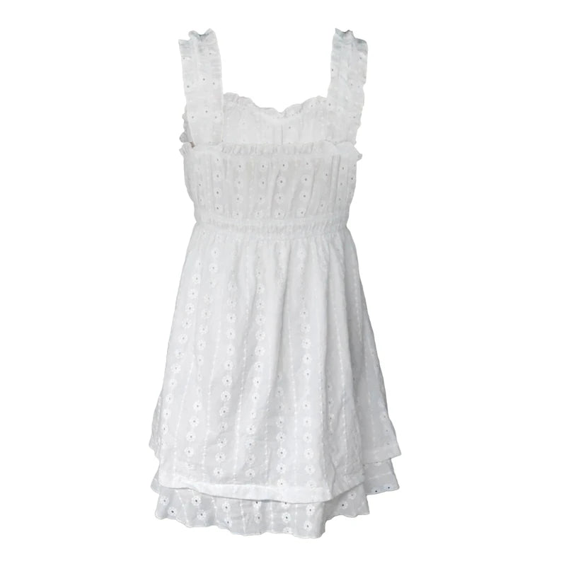 Backless Babydoll Dress With Jacquard Eyelet Lace Square Neck Frill Bust High Waist A Line Sundress
