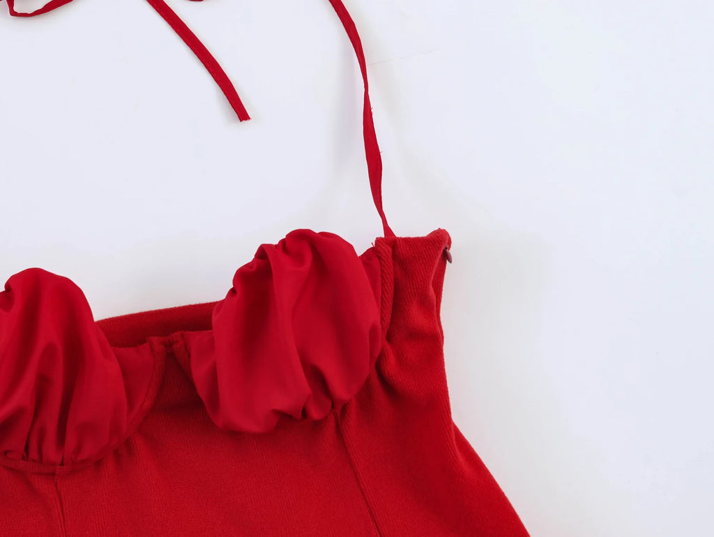 Chic Red Sexy Halter Pleated Blouse
