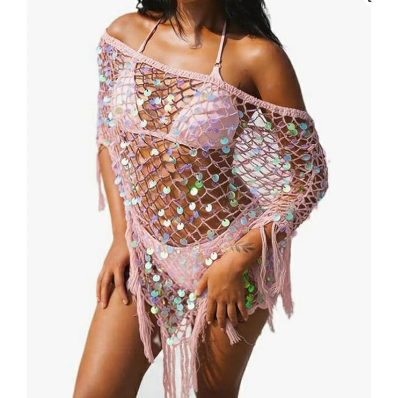 Crochet Beach Cover Up For Women Lightweight Triangle Tassel Hem Sequins Off Shoulder Poncho
