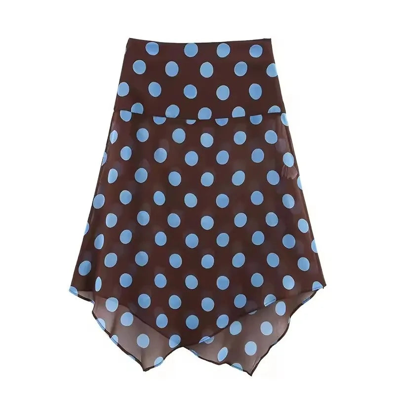 Blue Polka Dot Two Piece Set With Halter Top And Midi Skirt