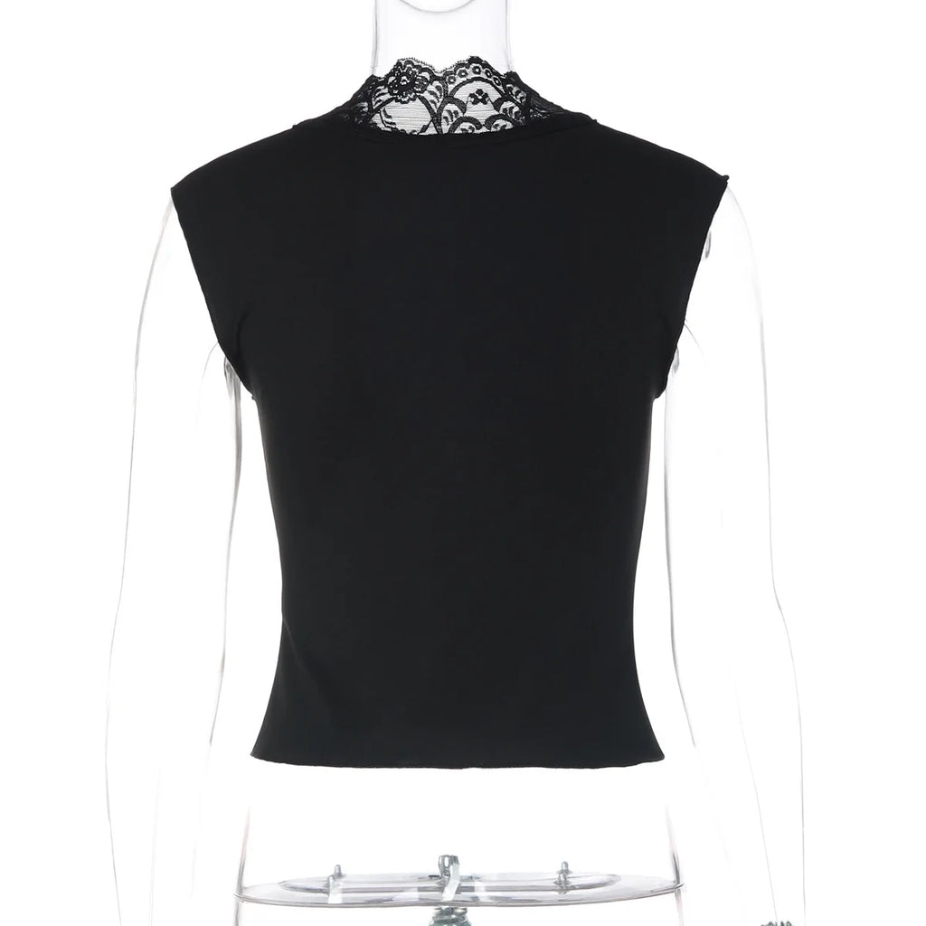 Flirty Lace Sheer V Neck Sleeveless Crop Top With Button Front Slim Fit
