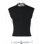 Flirty Lace Sheer V Neck Sleeveless Crop Top With Button Front Slim Fit