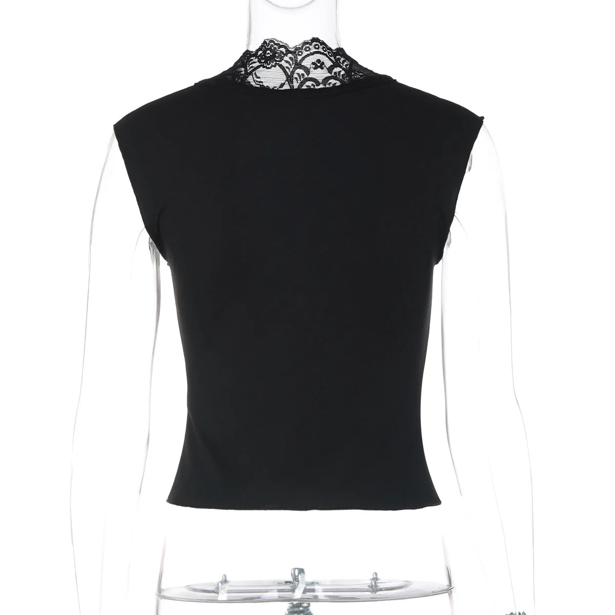 Flirty Lace Sheer V Neck Sleeveless Crop Top With Button Front Slim Fit