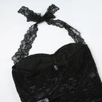 Elegant Lace Flora Halter Crop Top With Sheer Panel Lightweight Sleeveless Tank