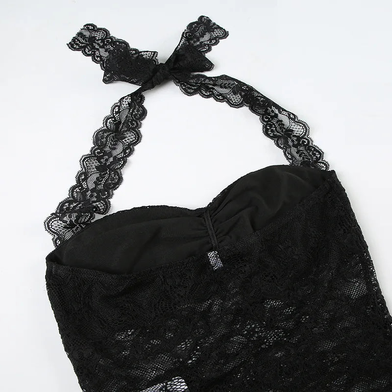 Elegant Lace Flora Halter Crop Top With Sheer Panel Lightweight Sleeveless Tank