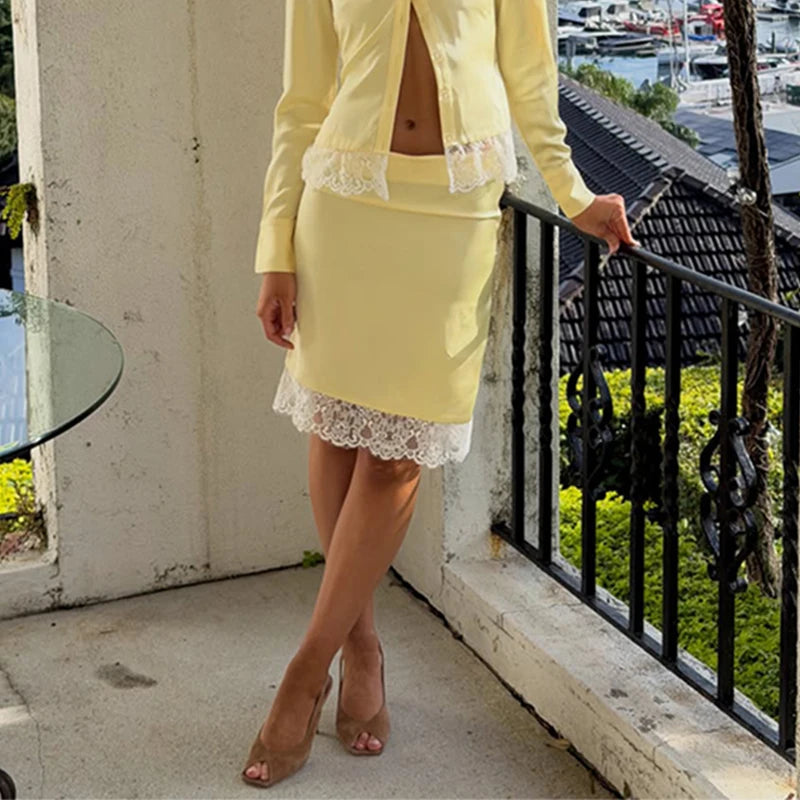 Lace-Paneled Female Lapel Button Long-Sleeved Shirt Slim Skirt Suit