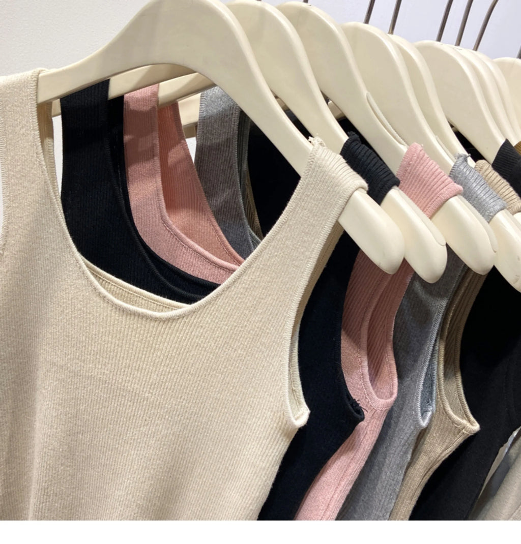 Knitted Strap Top With Clavicle Square Collar