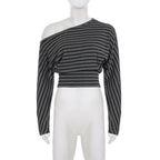 Striped Off Shoulder Crop Top Two Piece Set