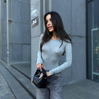 Bodysuit Metallic Decor Crew Neck Long Sleeve Slim Fit