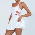 Tennis Dress Women with Separate Shorts White Contrast Hollowed Out Drawstring Side Sports Yoga Dress Training Running Fitness