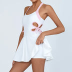 Tennis Dress Women with Separate Shorts White Contrast Hollowed Out Drawstring Side Sports Yoga Dress Training Running Fitness