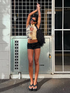 Tiger Print Top With Standing Collar And Tassel Details