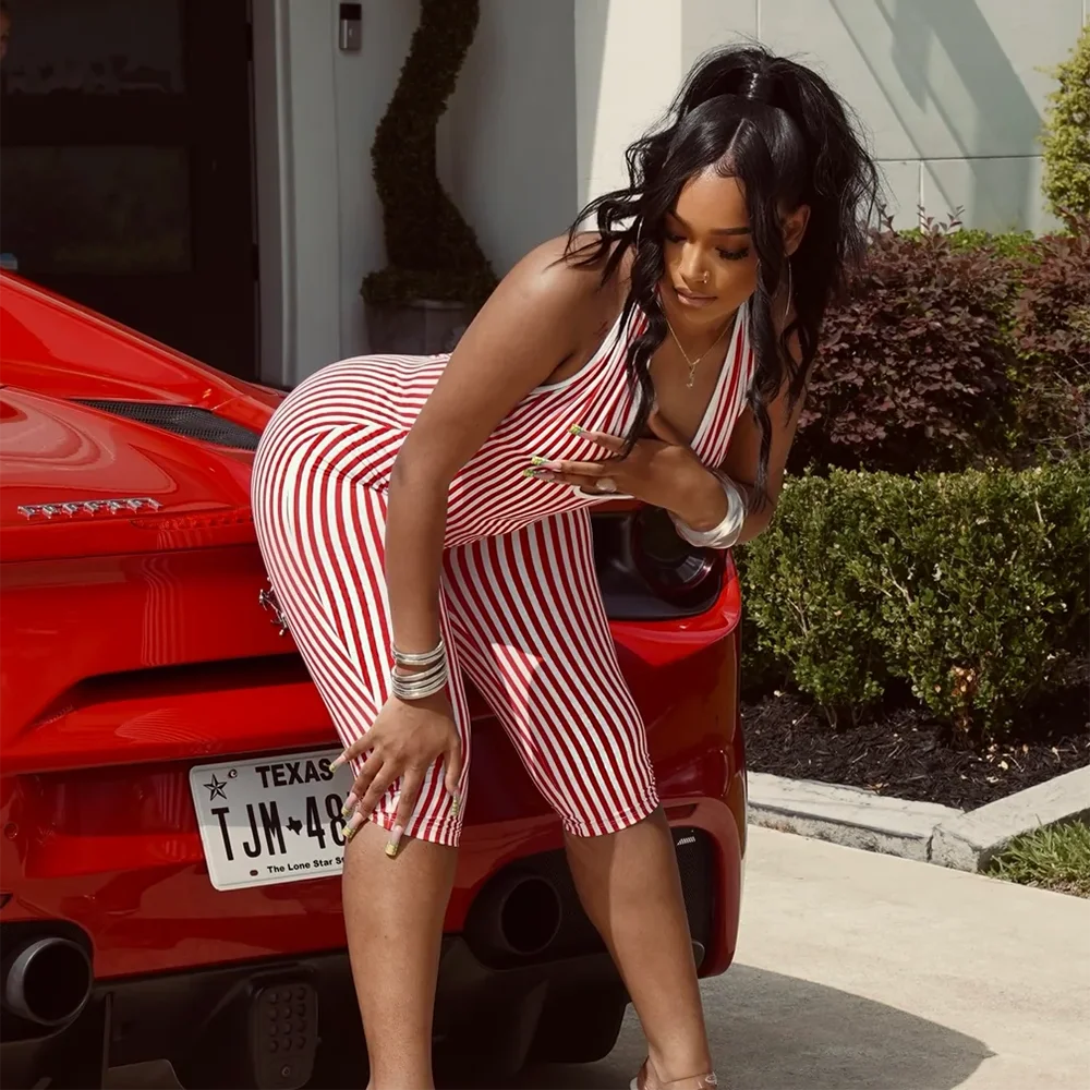 Red Striped Print Backless Halter Playsuit