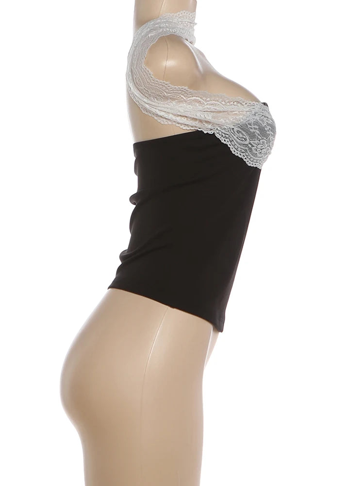 Punk Patchwork Mesh Halter Tank Top Y2K Vibe With Lace Up Details