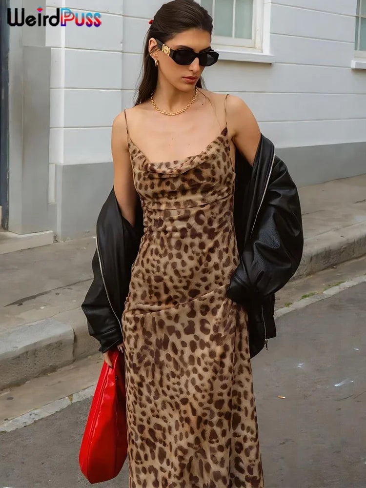 Leopard Print Spaghetti Strap Backless Dress With Ruffle Hem