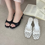 Satin Polka Dot Square Toe Sandals With Lightweight Low Heels
