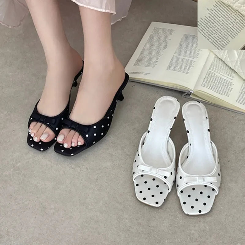 Satin Polka Dot Square Toe Sandals With Lightweight Low Heels