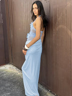 Halter Backless Sheer Mesh Maxi Dress With Floral Embellishment