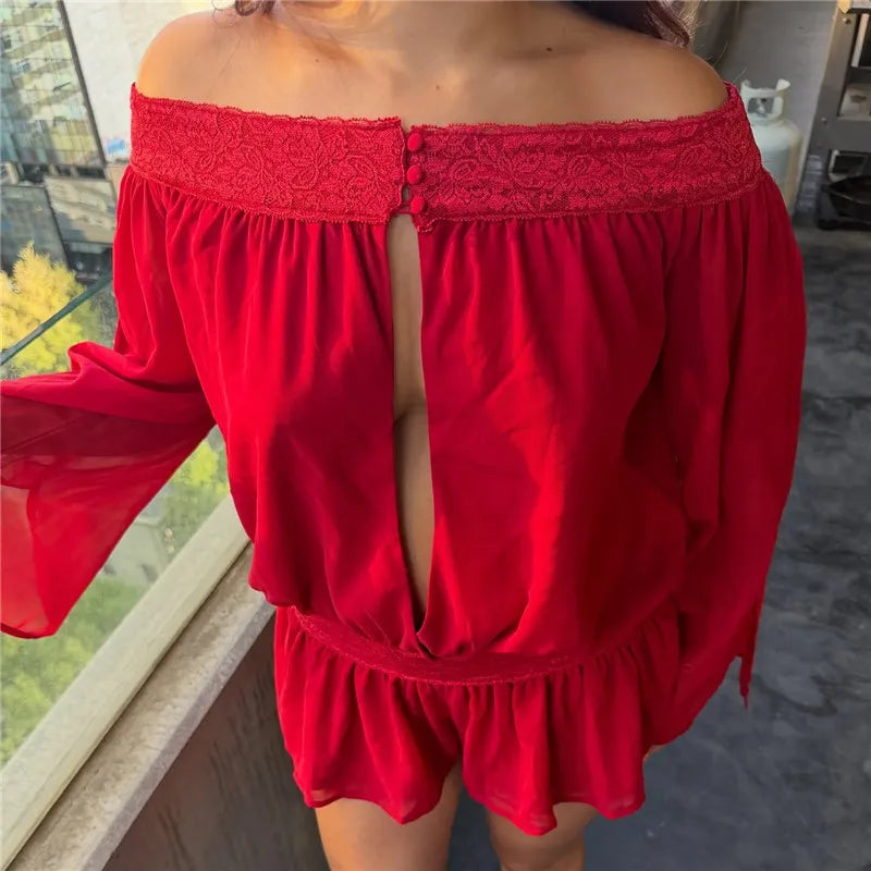 Off Shoulder Chiffon Romper Women Long Bell Sleeve Keyhole Front Lace Trim Ruffle Hem Shorts Jumpsuit