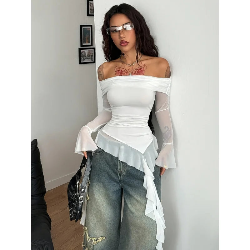 Elegant Bohemian Off-Shoulder Top With Ruffled Mesh Sleeves And Asymmetrical Satin Ribbon Hem