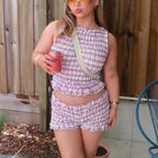 Cozy Two-piece Plaid Shorts Set With Smocked Tank Sleeveless Top And Ruffled Trim
