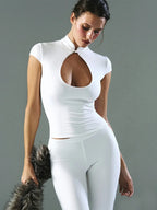 Button Cutout Turtleneck Top For Women Fitted Short Sleeve Knit With Stand Collar