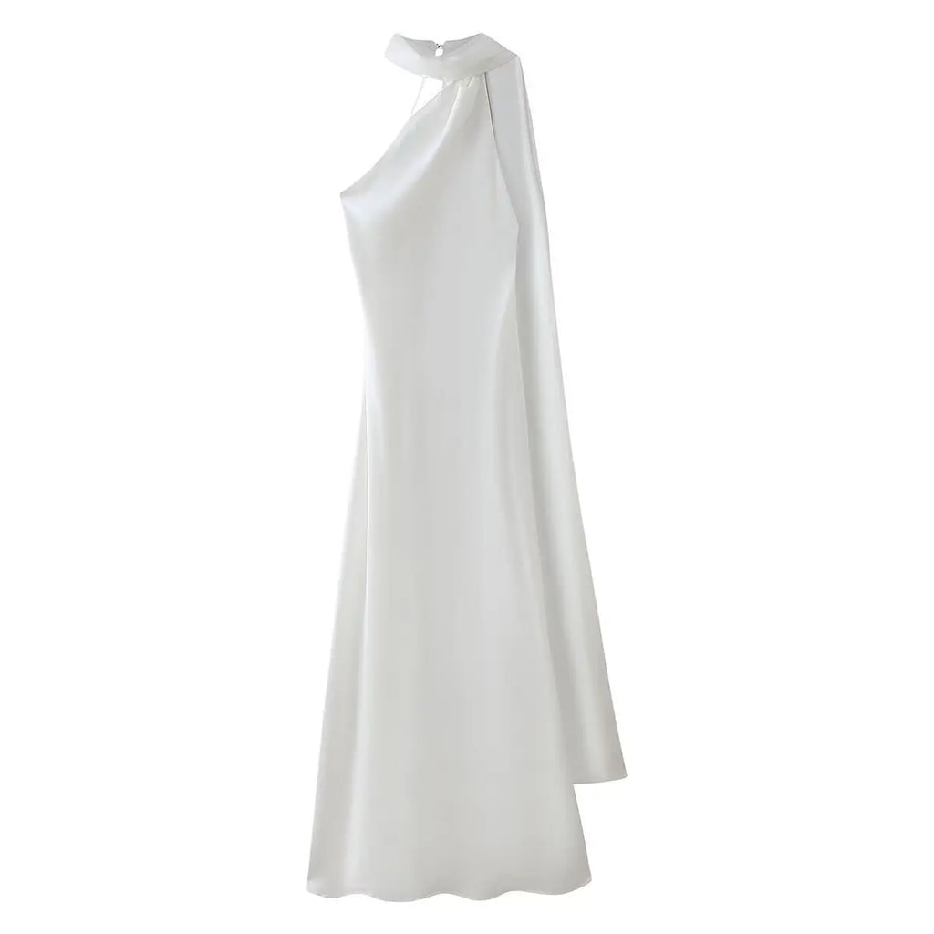 Elegant Silk Satin Halter Maxi Dress Backless Ribbon Tie Evening Gown