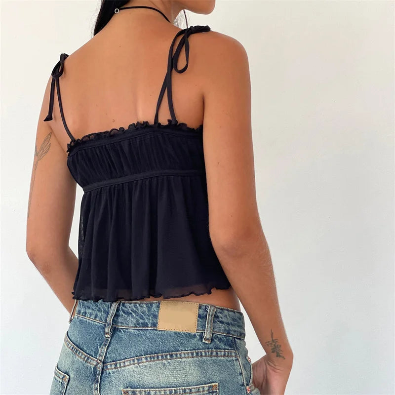 Floral Bow Detail Spaghetti Strap Cami Sleeveless Top