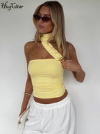Elegant Halter Crop Top With Scarf Strap Ruched Slim Solid Design For Summer Streetwear