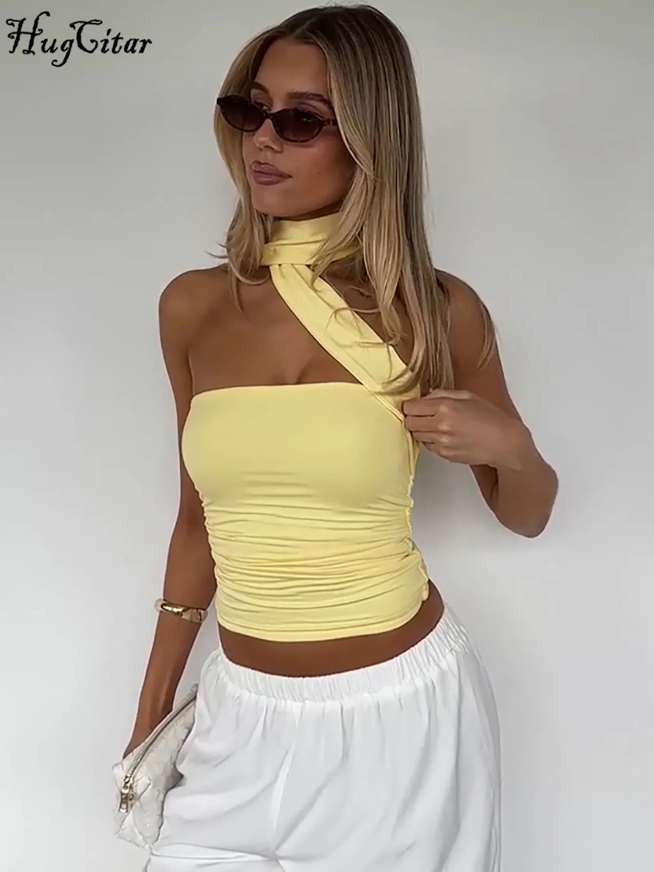 Elegant Halter Crop Top With Scarf Strap Ruched Slim Solid Design For Summer Streetwear