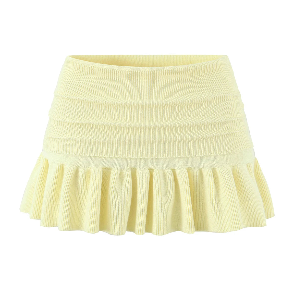Y2K Women Roll Down Rib Knitted Hem Ruched Pleated Mini Skirt Elastic Waist Hips A-line Skirt