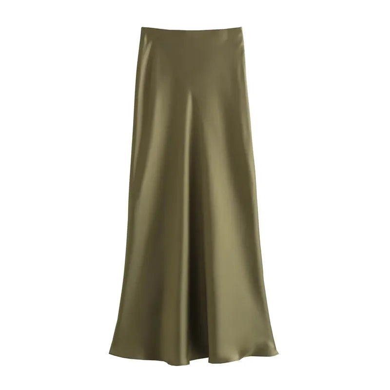 Satin High Waist Midi Skirt With Flair