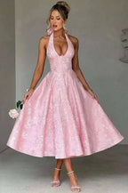 Backless Halter Evening Dress With Lace Jacquard For Elegant Special Occasions
