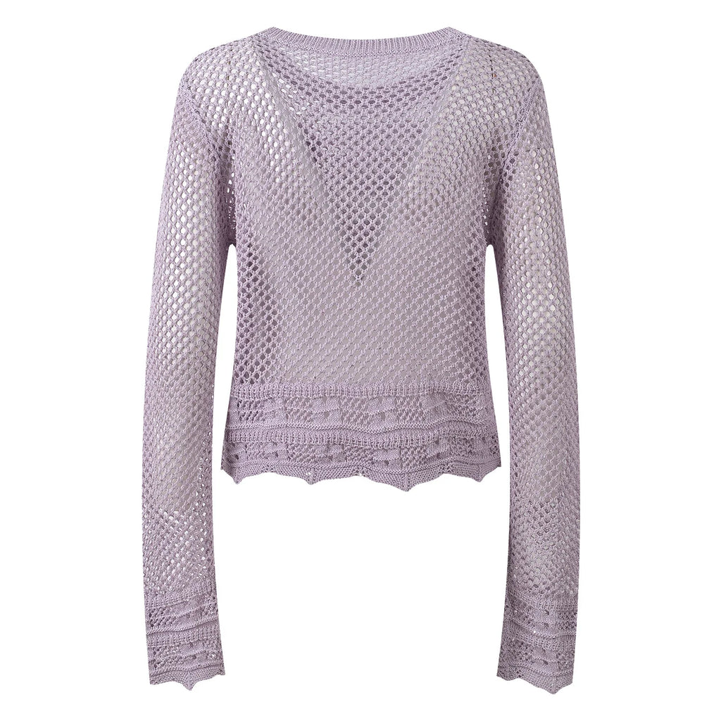 Sunlit Hollow Knit Top Elegant Long Sleeve Jumper Lightweight Sweater