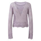 Sunlit Hollow Knit Top Elegant Long Sleeve Jumper Lightweight Sweater