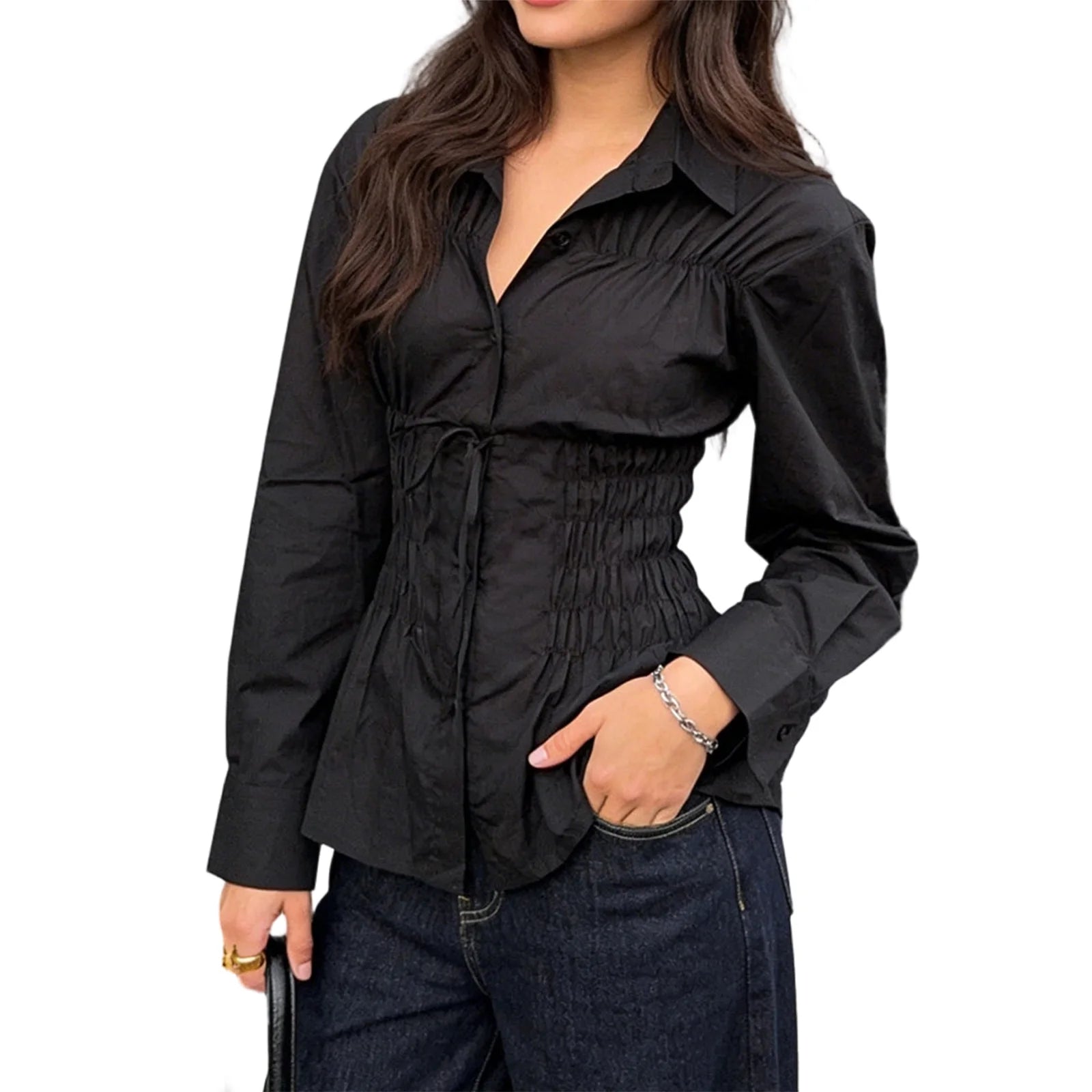 Smocked Long Sleeve Solid Color Collared Button Up Shirts