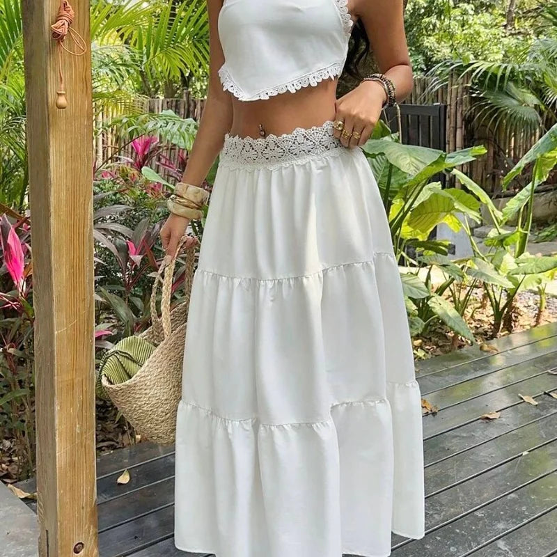 Boho Two Piece Lace Trim Cami Top And Tiered Maxi Skirt Set