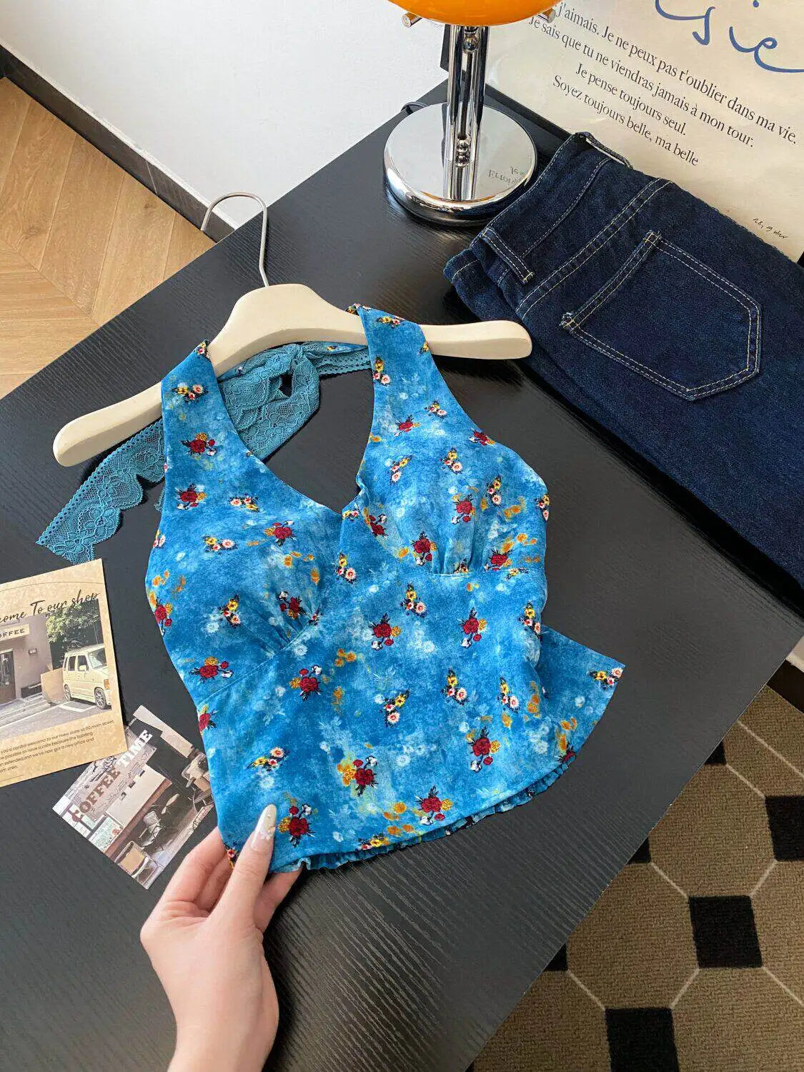 Retro Floral V Neck Halter Top