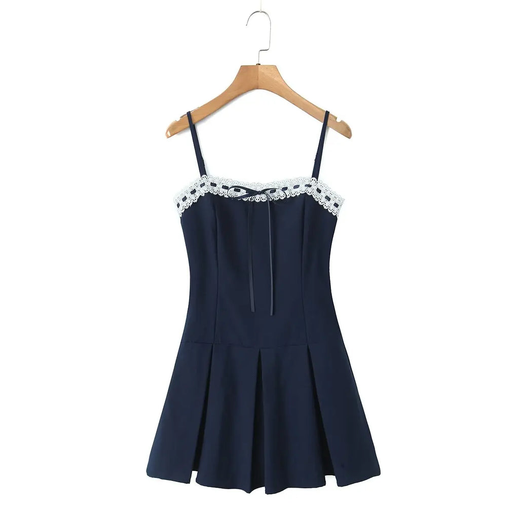 Lace Patchwork Sling Mini Dress For Women Sexy Low Waist Pleated Hem A-line