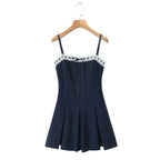 Lace Patchwork Sling Mini Dress For Women Sexy Low Waist Pleated Hem A-line