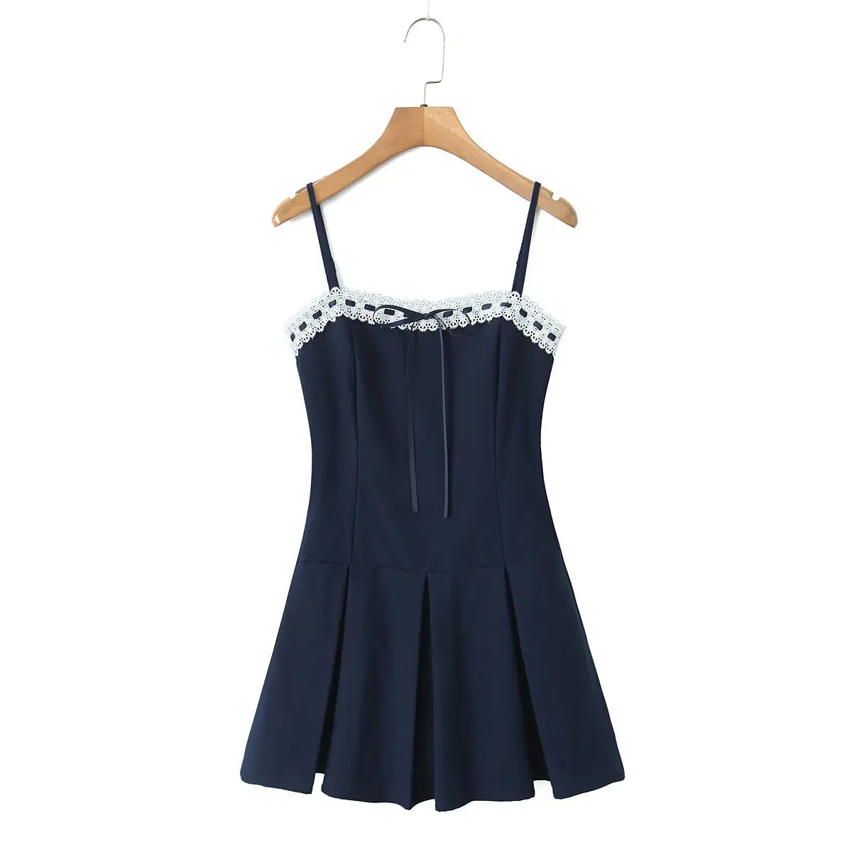 Lace Patchwork Sling Mini Dress For Women Sexy Low Waist Pleated Hem A-line