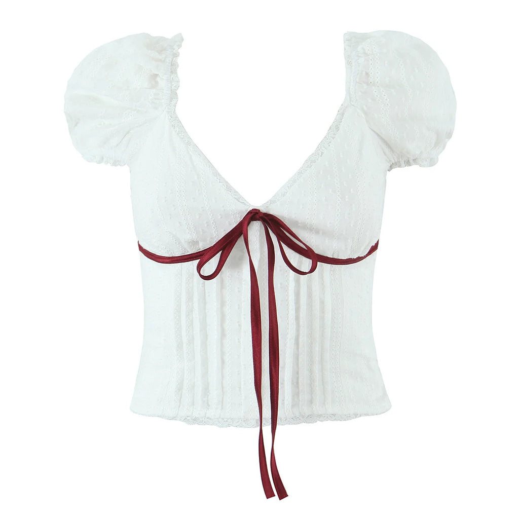 White Bow Detail Puff Sleeve V Neck Top With Vintage Charm And Flirty Slim Silhouette