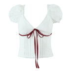 White Bow Detail Puff Sleeve V Neck Top With Vintage Charm And Flirty Slim Silhouette