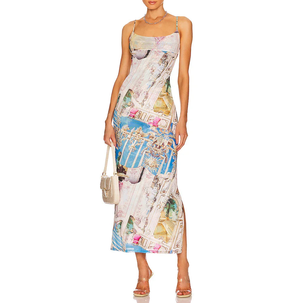 Sunlit Printed Strap Dress With Slim Fit Silhouette
