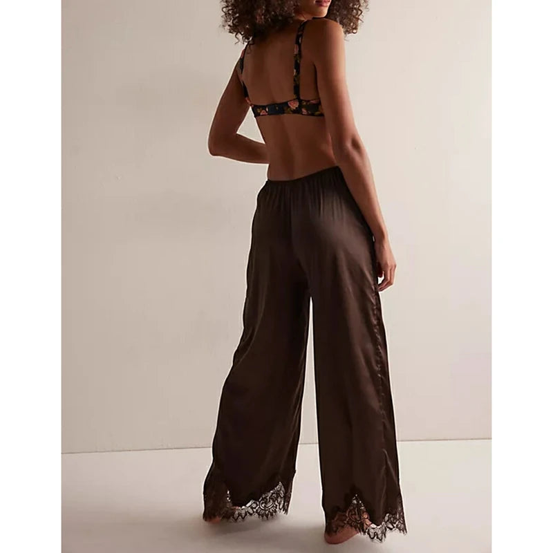 Satin Silk Pajamas Set Floral Lace Trim Tie Front Split Camisole Tops+ Straight Leg Pants 2Pcs Sleepwear