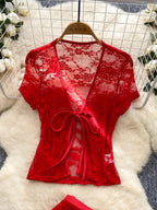 Airy Mesh Tie Up Cardigan Top And Capri Pencil Pants Set