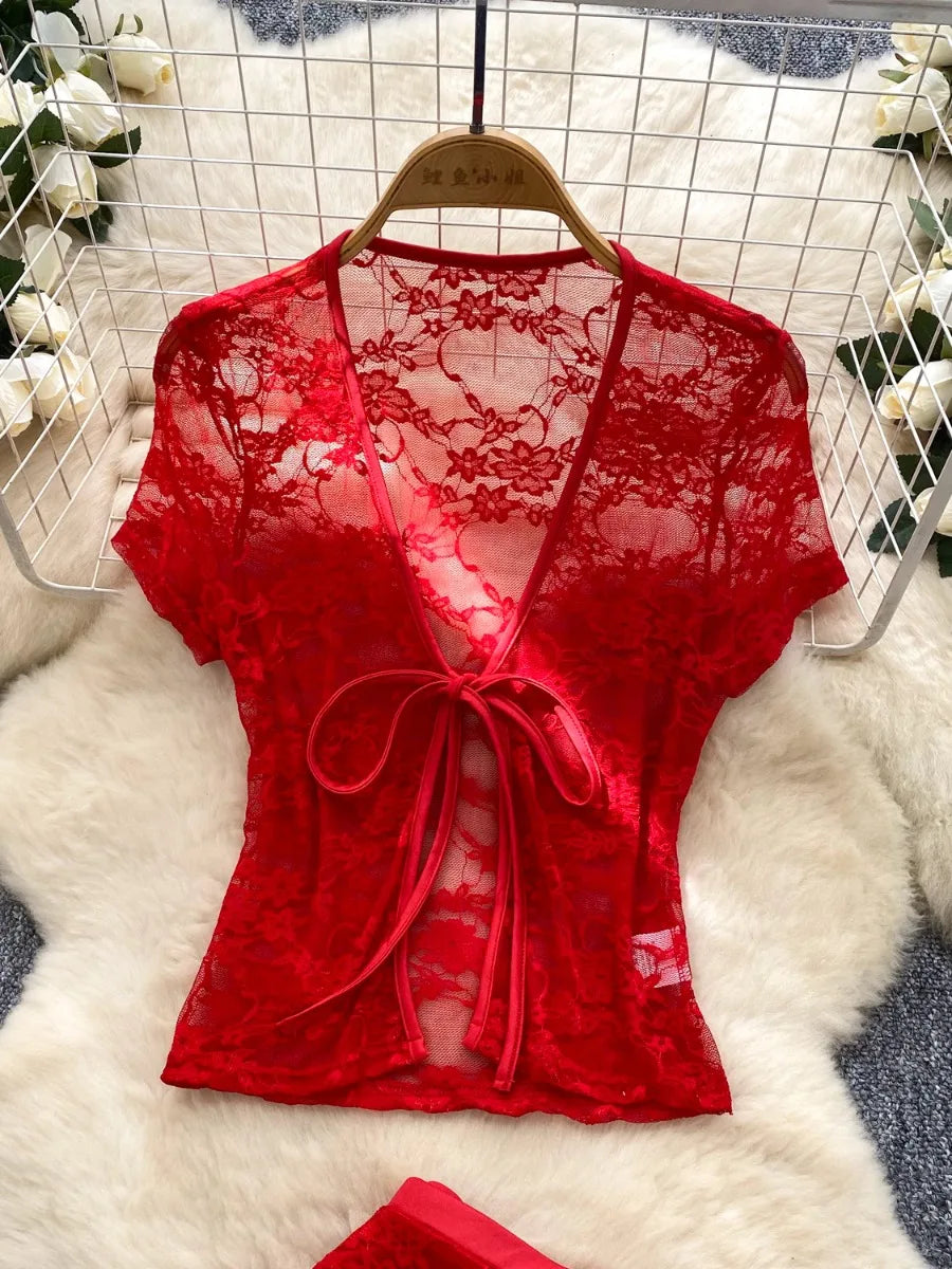 Airy Mesh Tie Up Cardigan Top And Capri Pencil Pants Set
